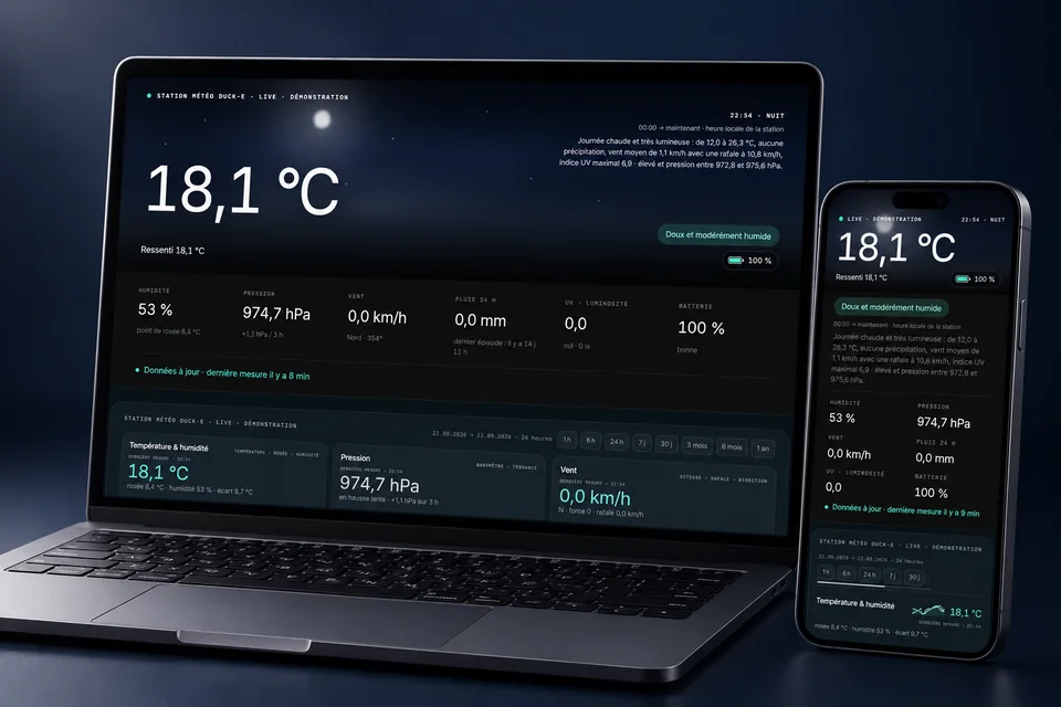 Illustration d’un ordinateur portable et d’un smartphone affichant les mesures de la station météo de Gland dans Duck-E Monitor