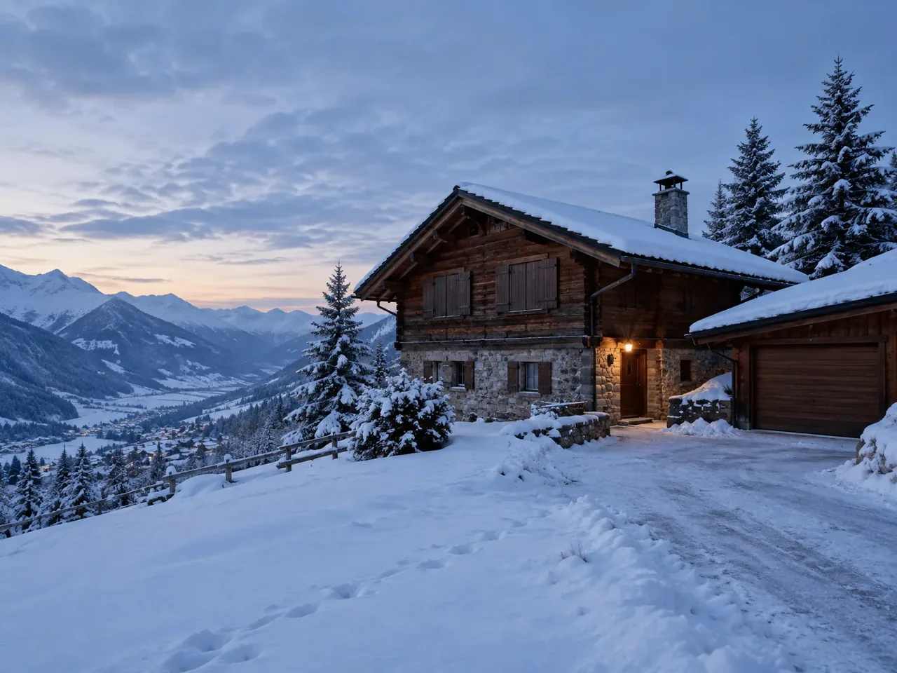 Illustration d’un chalet de montagne fermé en hiver, avec son garage, entre deux séjours