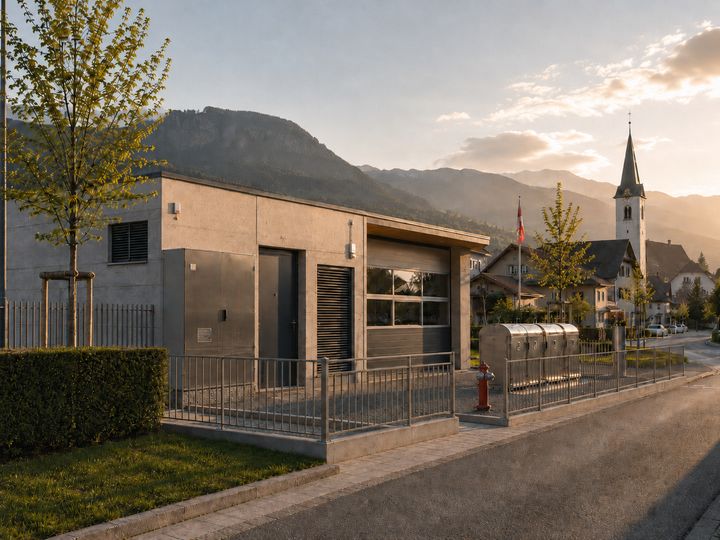 Illustration d’un bâtiment technique communal et de ses points de collecte