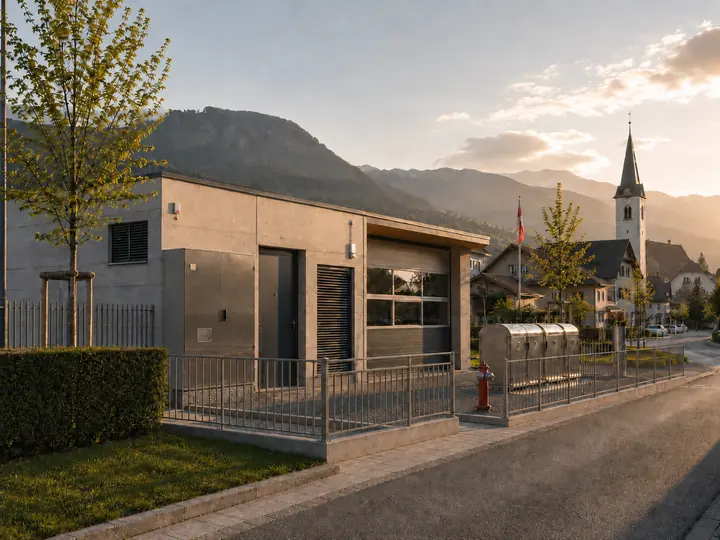 Illustration d’un bâtiment technique communal et de ses points de collecte