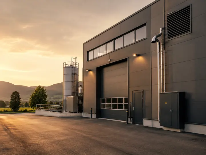 Illustration d’un bâtiment industriel et de ses installations extérieures