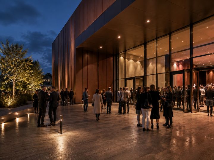 Illustration de l’entrée d’un lieu événementiel en soirée, fréquenté par du public